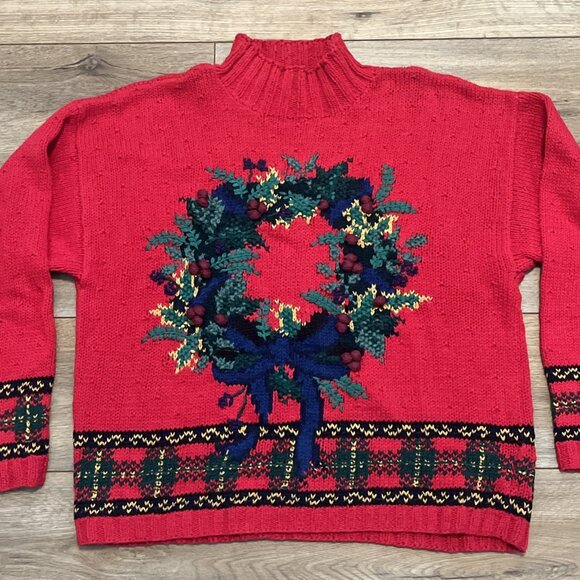 Robert Scott Turtleneck Sweater SZ Medium Red Christmas Wreath Hand Knit Vintage - Picture 2 of 10